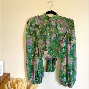 Olivaceous Vintage Green Floral Blouse-Open Back